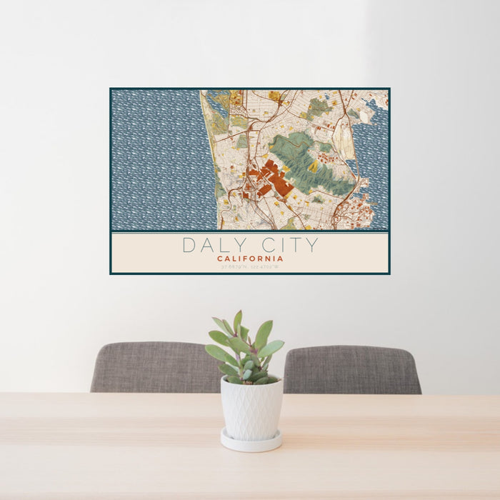 24x36 Daly City California Map Print Lanscape Orientation in Woodblock Style Behind 2 Chairs Table and Potted Plant