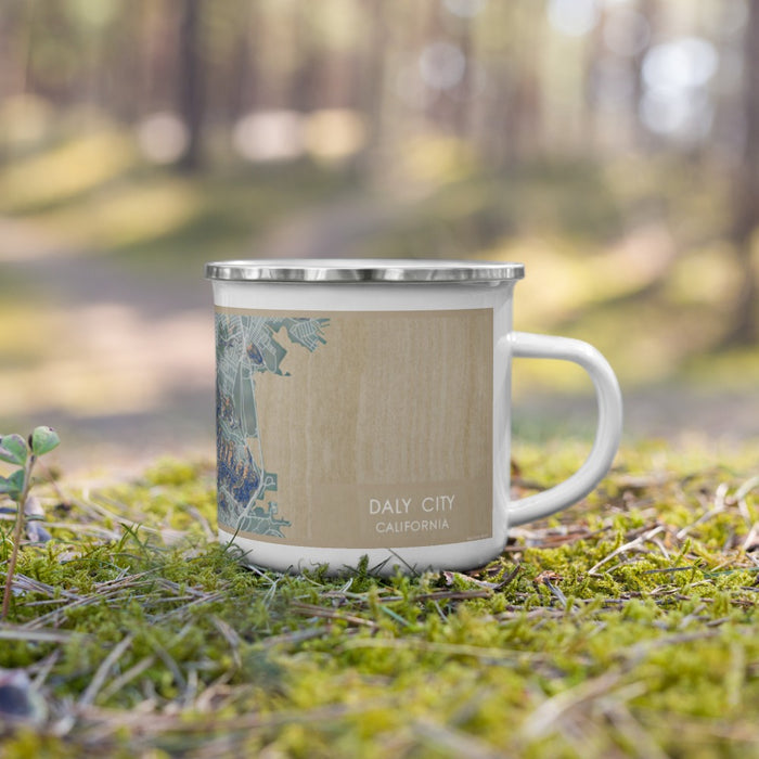 Right View Custom Daly City California Map Enamel Mug in Afternoon on Grass With Trees in Background