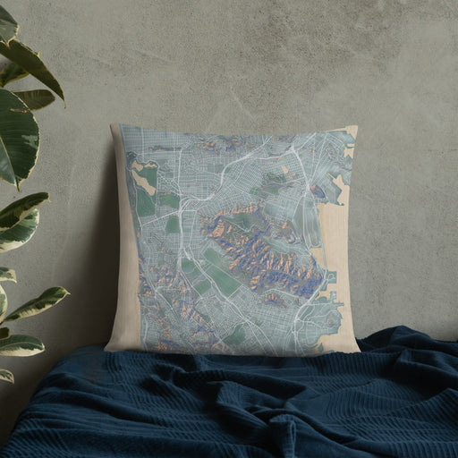 Custom Daly City California Map Throw Pillow in Afternoon on Bedding Against Wall