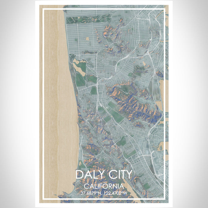 Daly City California Map Print Portrait Orientation in Afternoon Style With Shaded Background