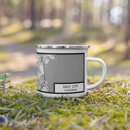Right View Custom Daly City California Map Enamel Mug in Classic on Grass With Trees in Background