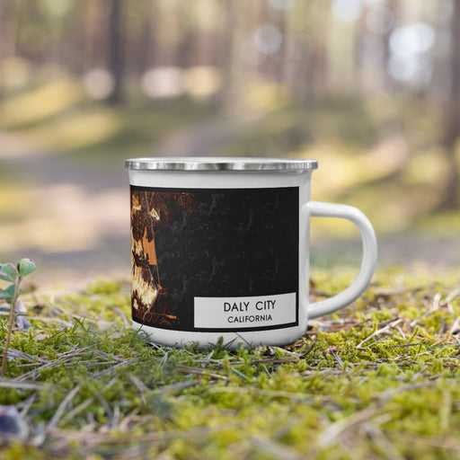 Right View Custom Daly City California Map Enamel Mug in Ember on Grass With Trees in Background
