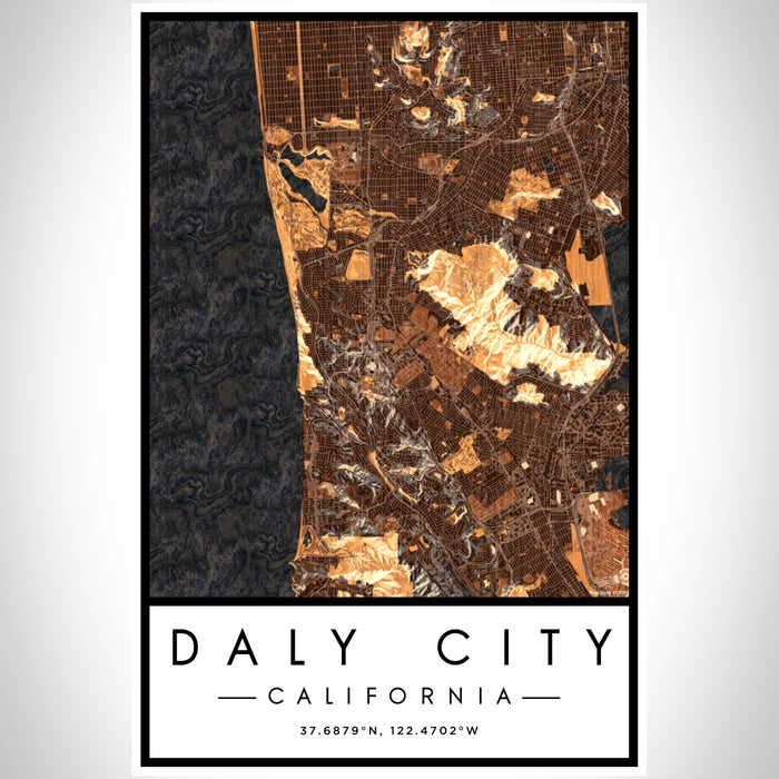 Daly City California Map Print Portrait Orientation in Ember Style With Shaded Background