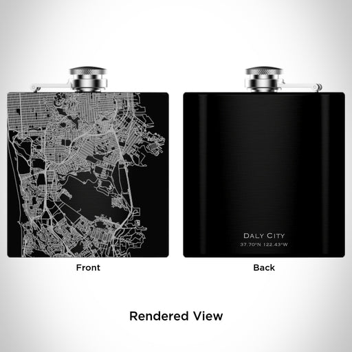 Rendered View of Daly City California Map Engraving on 6oz Stainless Steel Flask in Black