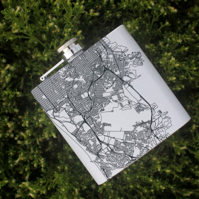 Daly City California Custom Engraved City Map Inscription Coordinates on 6oz Stainless Steel Flask in White