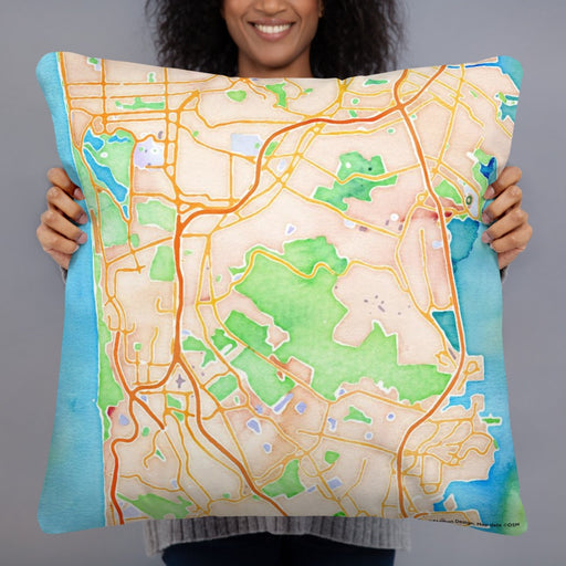 Person holding 22x22 Custom Daly City California Map Throw Pillow in Watercolor