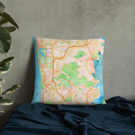 Custom Daly City California Map Throw Pillow in Watercolor on Bedding Against Wall