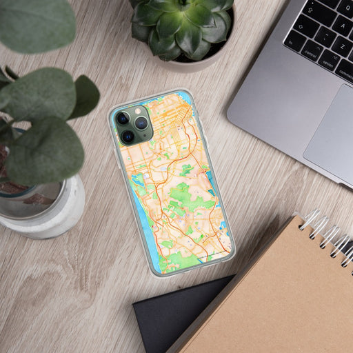 Custom Daly City California Map Phone Case in Watercolor on Table with Laptop and Plant