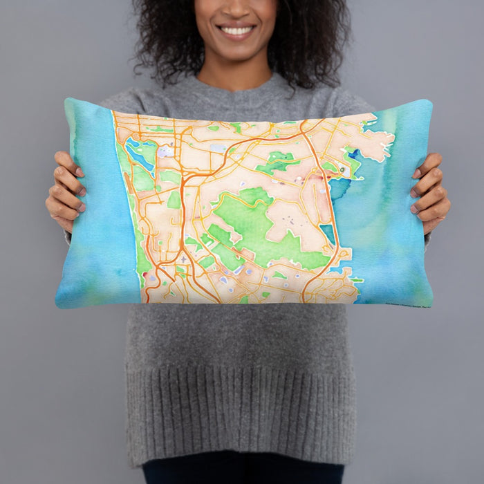 Person holding 20x12 Custom Daly City California Map Throw Pillow in Watercolor