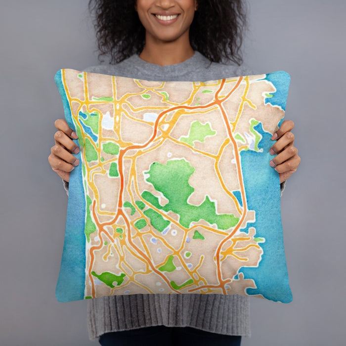 Person holding 18x18 Custom Daly City California Map Throw Pillow in Watercolor