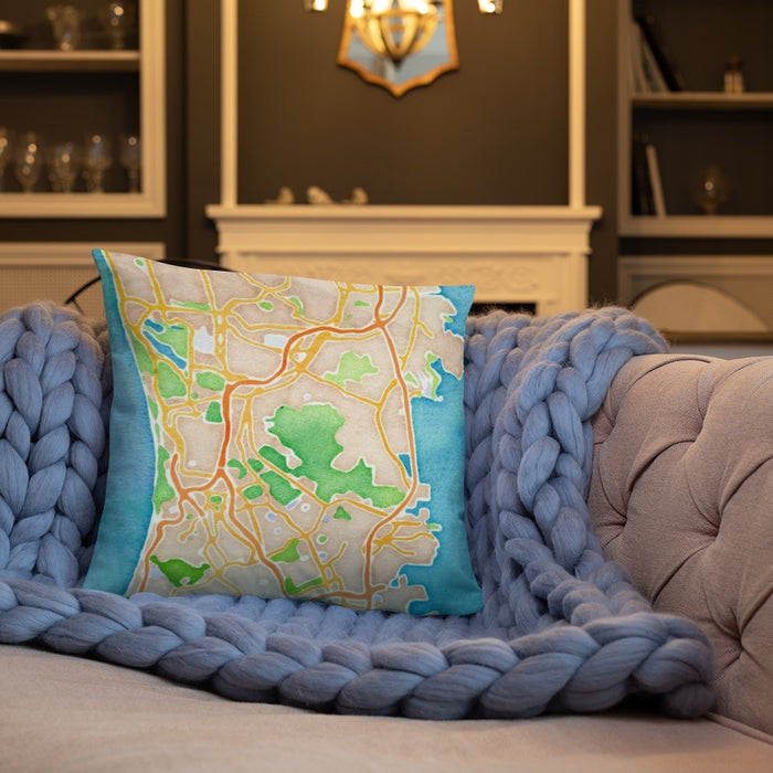 Custom Daly City California Map Throw Pillow in Watercolor on Cream Colored Couch