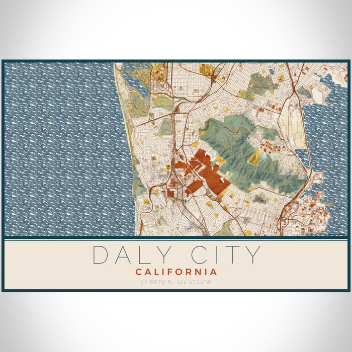Daly City California Map Print Landscape Orientation in Woodblock Style With Shaded Background