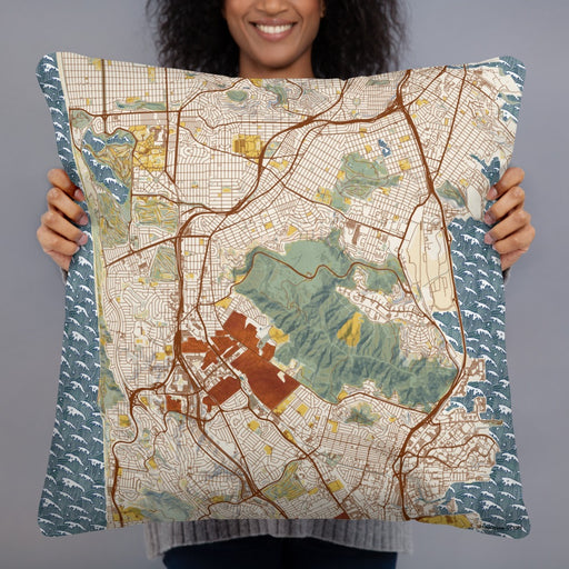 Person holding 22x22 Custom Daly City California Map Throw Pillow in Woodblock