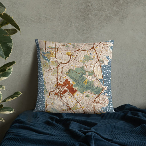 Custom Daly City California Map Throw Pillow in Woodblock on Bedding Against Wall