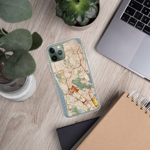 Custom Daly City California Map Phone Case in Woodblock on Table with Laptop and Plant