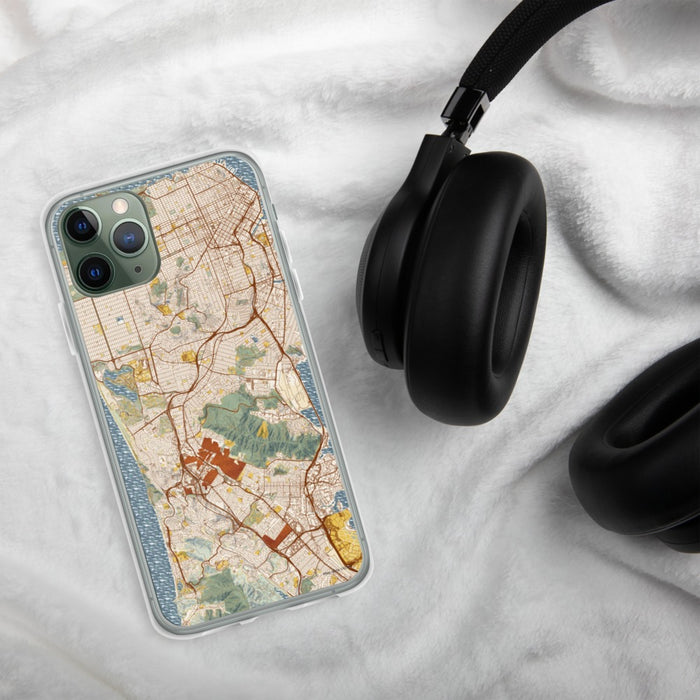 Custom Daly City California Map Phone Case in Woodblock on Table with Black Headphones