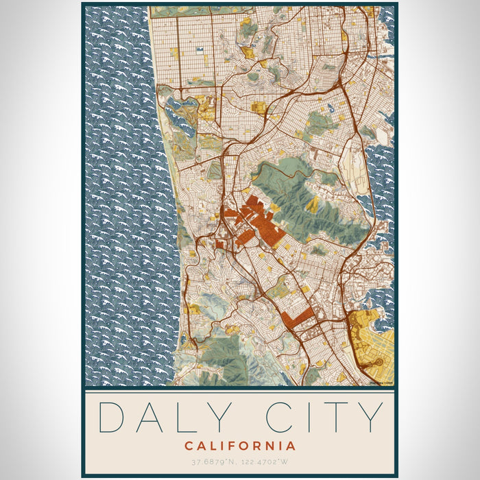 Daly City California Map Print Portrait Orientation in Woodblock Style With Shaded Background