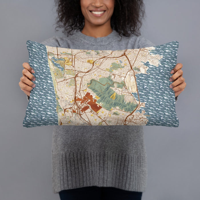 Person holding 20x12 Custom Daly City California Map Throw Pillow in Woodblock