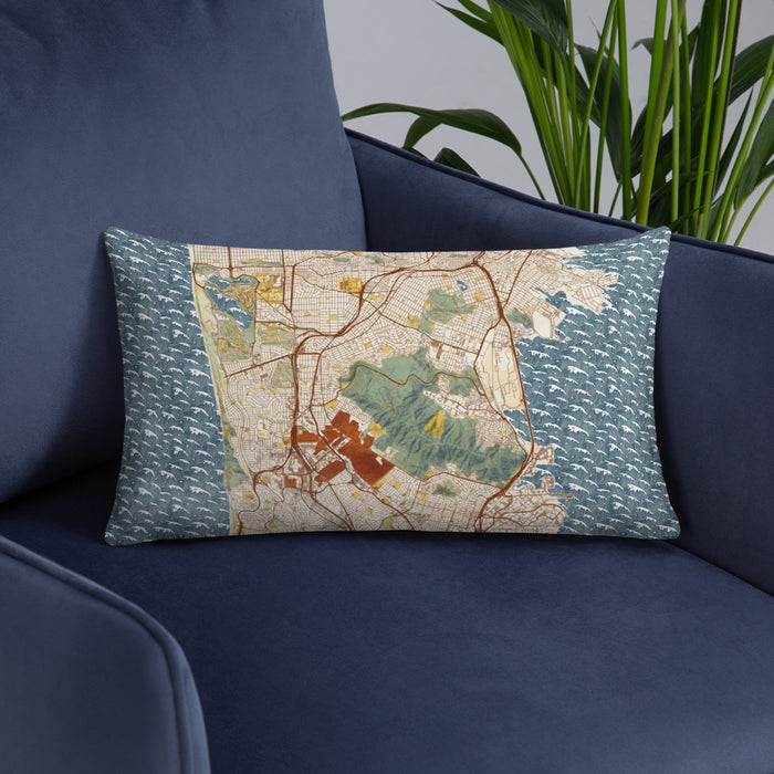 Custom Daly City California Map Throw Pillow in Woodblock on Blue Colored Chair