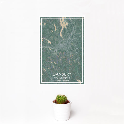 12x18 Danbury Connecticut Map Print Portrait Orientation in Afternoon Style With Small Cactus Plant in White Planter