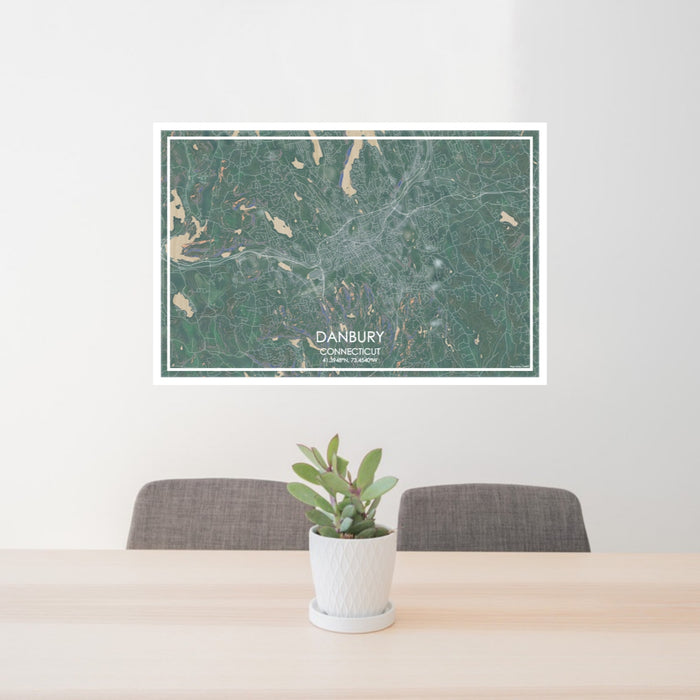 24x36 Danbury Connecticut Map Print Lanscape Orientation in Afternoon Style Behind 2 Chairs Table and Potted Plant