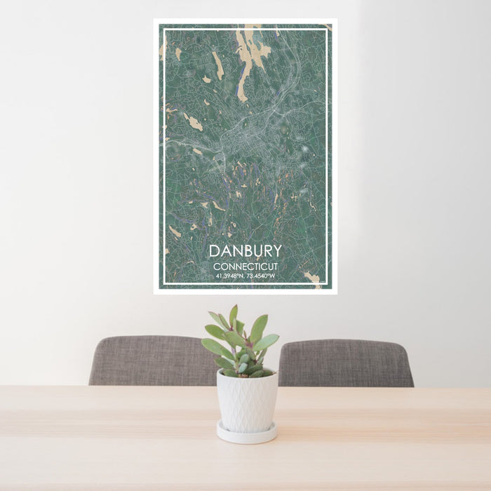 24x36 Danbury Connecticut Map Print Portrait Orientation in Afternoon Style Behind 2 Chairs Table and Potted Plant