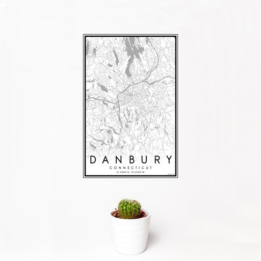 12x18 Danbury Connecticut Map Print Portrait Orientation in Classic Style With Small Cactus Plant in White Planter
