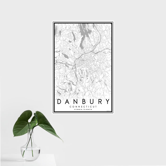 16x24 Danbury Connecticut Map Print Portrait Orientation in Classic Style With Tropical Plant Leaves in Water