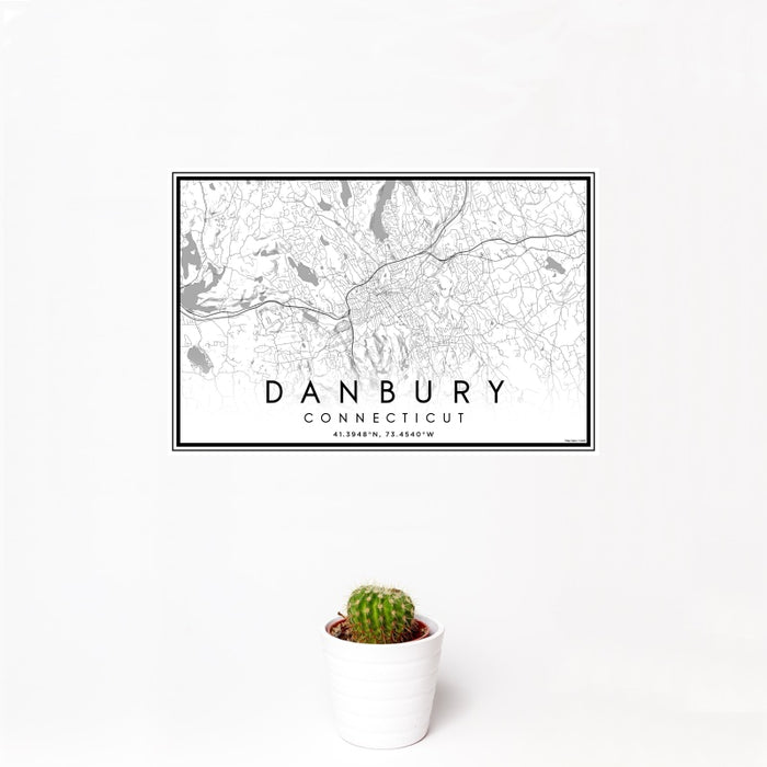 12x18 Danbury Connecticut Map Print Landscape Orientation in Classic Style With Small Cactus Plant in White Planter