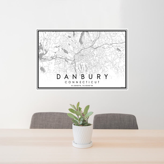 24x36 Danbury Connecticut Map Print Landscape Orientation in Classic Style Behind 2 Chairs Table and Potted Plant