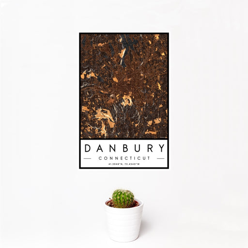 12x18 Danbury Connecticut Map Print Portrait Orientation in Ember Style With Small Cactus Plant in White Planter