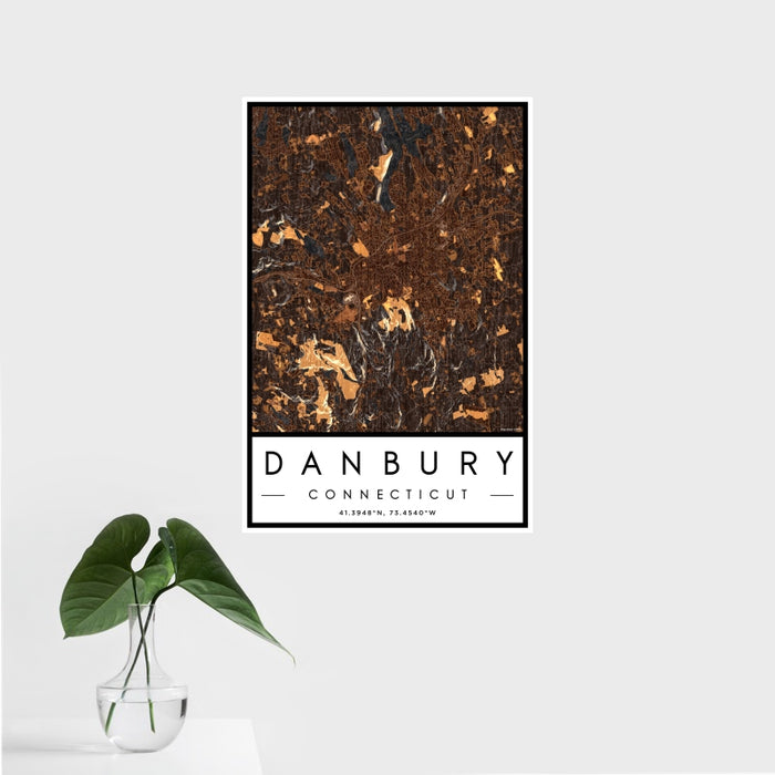 16x24 Danbury Connecticut Map Print Portrait Orientation in Ember Style With Tropical Plant Leaves in Water