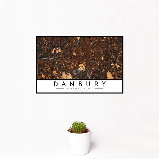 12x18 Danbury Connecticut Map Print Landscape Orientation in Ember Style With Small Cactus Plant in White Planter