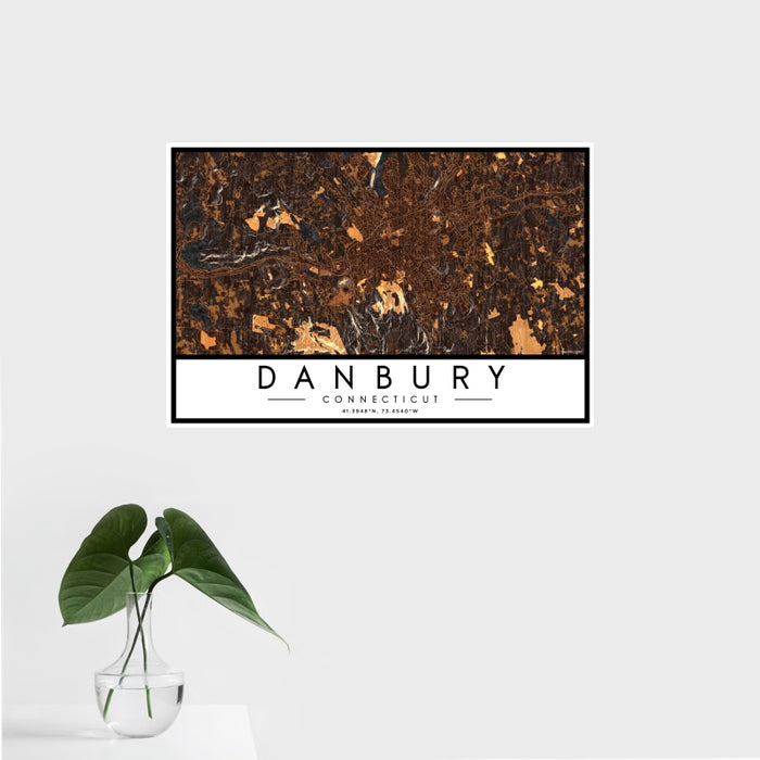 16x24 Danbury Connecticut Map Print Landscape Orientation in Ember Style With Tropical Plant Leaves in Water