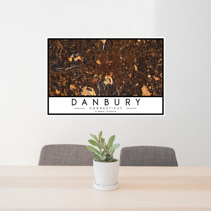 24x36 Danbury Connecticut Map Print Landscape Orientation in Ember Style Behind 2 Chairs Table and Potted Plant