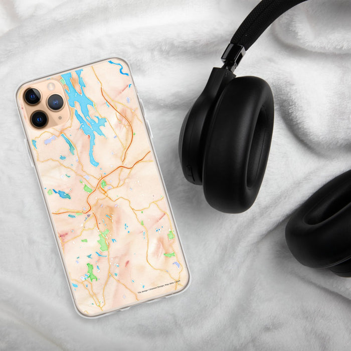 Custom Danbury Connecticut Map Phone Case in Watercolor on Table with Black Headphones
