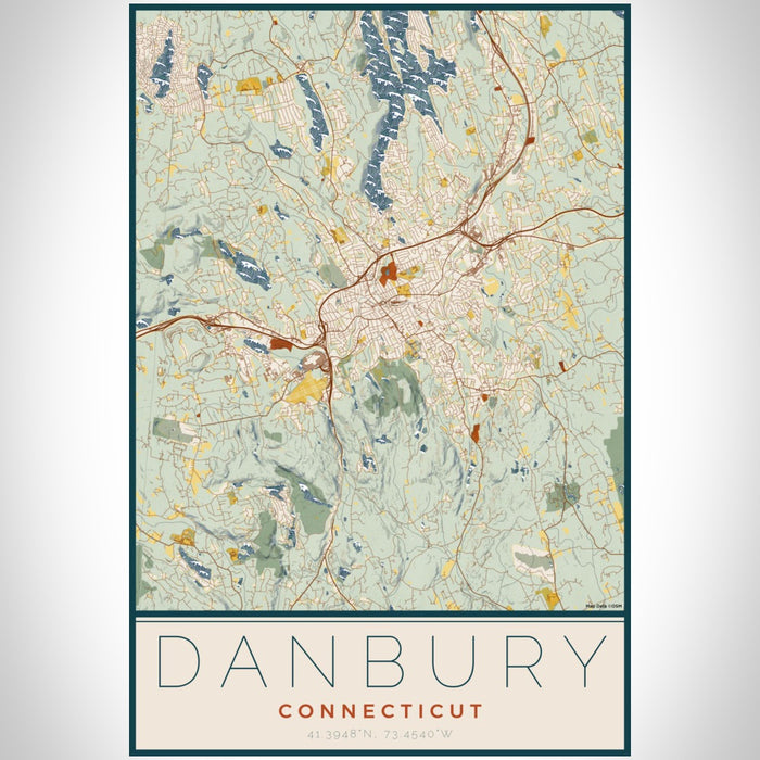 Danbury Connecticut Map Print Portrait Orientation in Woodblock Style With Shaded Background