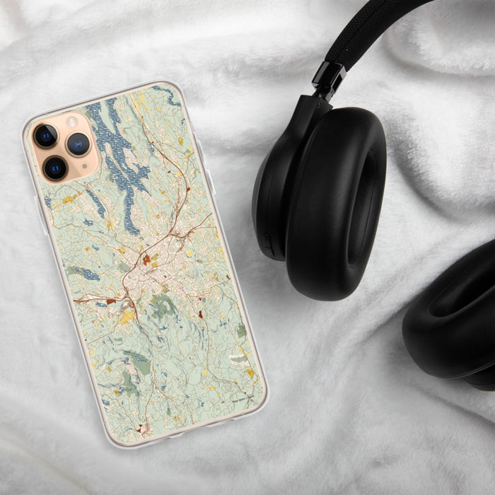 Custom Danbury Connecticut Map Phone Case in Woodblock on Table with Black Headphones