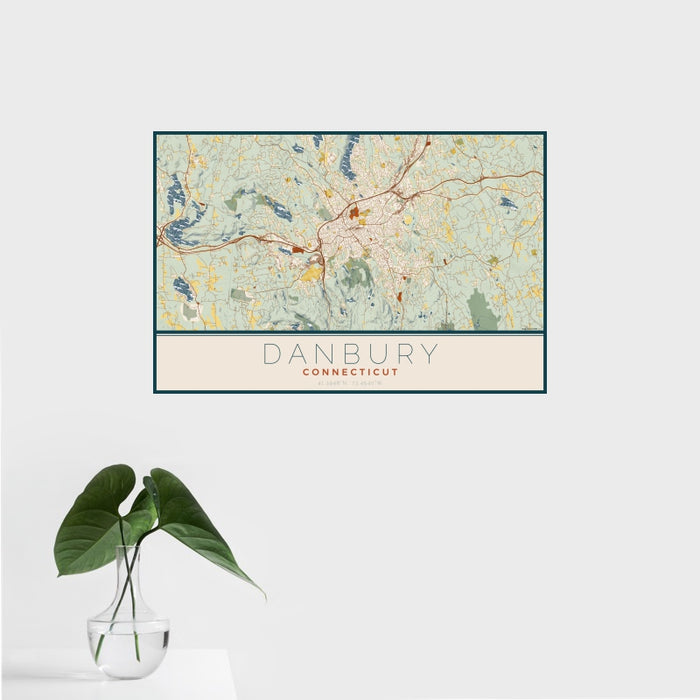 16x24 Danbury Connecticut Map Print Landscape Orientation in Woodblock Style With Tropical Plant Leaves in Water