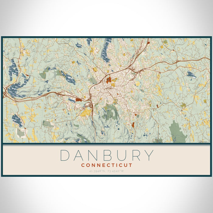 Danbury Connecticut Map Print Landscape Orientation in Woodblock Style With Shaded Background