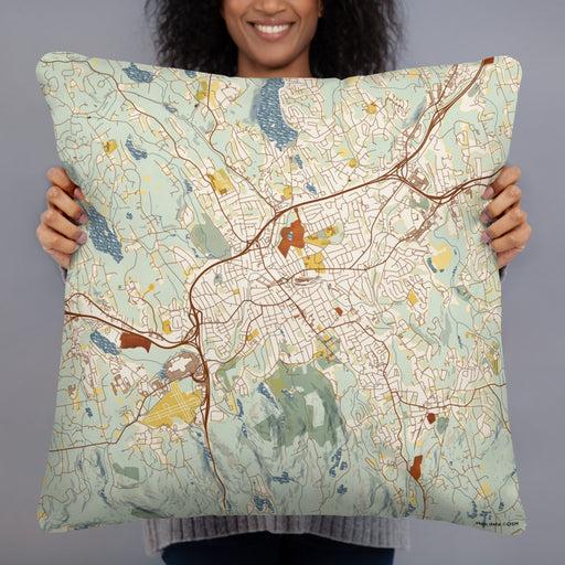 Person holding 22x22 Custom Danbury Connecticut Map Throw Pillow in Woodblock