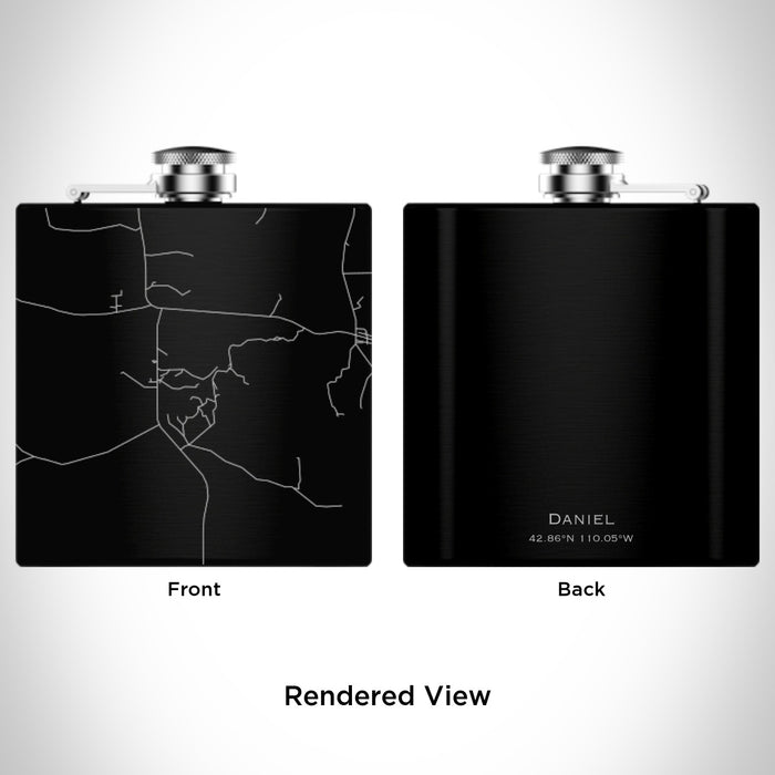 Rendered View of Daniel Wyoming Map Engraving on 6oz Stainless Steel Flask in Black