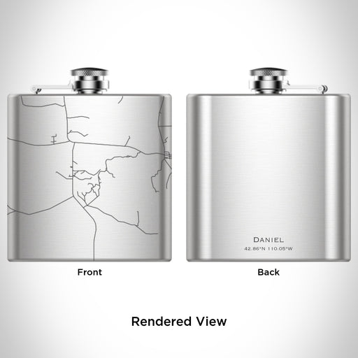 Rendered View of Daniel Wyoming Map Engraving on 6oz Stainless Steel Flask