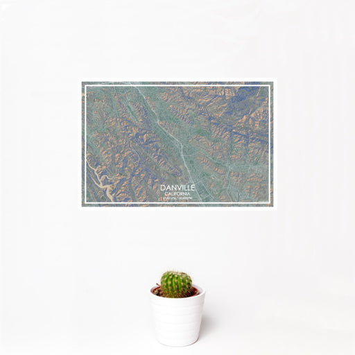 12x18 Danville California Map Print Landscape Orientation in Afternoon Style With Small Cactus Plant in White Planter