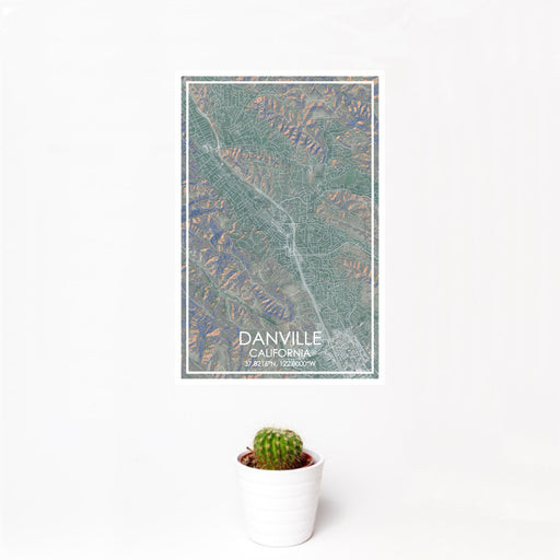 12x18 Danville California Map Print Portrait Orientation in Afternoon Style With Small Cactus Plant in White Planter