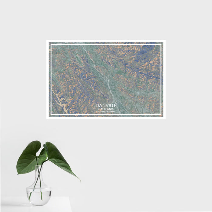 16x24 Danville California Map Print Landscape Orientation in Afternoon Style With Tropical Plant Leaves in Water