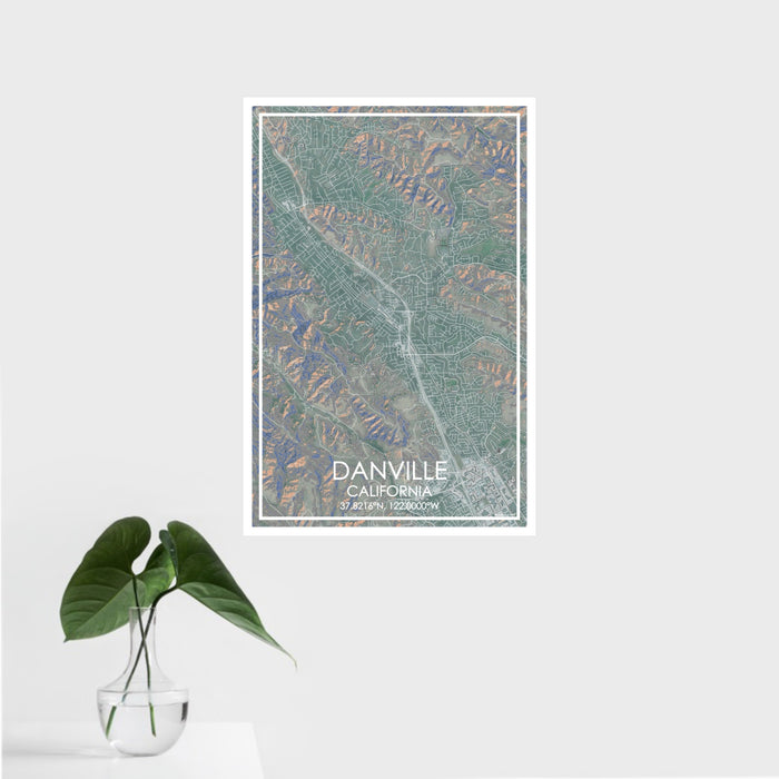 16x24 Danville California Map Print Portrait Orientation in Afternoon Style With Tropical Plant Leaves in Water