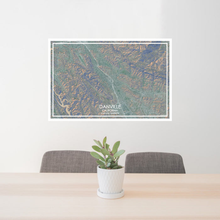 24x36 Danville California Map Print Lanscape Orientation in Afternoon Style Behind 2 Chairs Table and Potted Plant