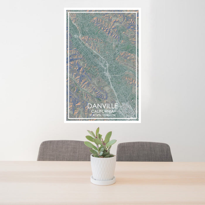 24x36 Danville California Map Print Portrait Orientation in Afternoon Style Behind 2 Chairs Table and Potted Plant