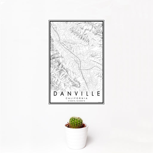 12x18 Danville California Map Print Portrait Orientation in Classic Style With Small Cactus Plant in White Planter